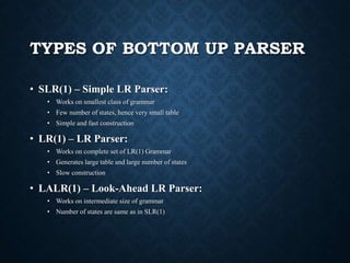 TYPES OF BOTTOM UP PARSER
• SLR(1) – Simple LR Parser:
• Works on smallest class of grammar
• Few number of states, hence very small table
• Simple and fast construction
• LR(1) – LR Parser:
• Works on complete set of LR(1) Grammar
• Generates large table and large number of states
• Slow construction
• LALR(1) – Look-Ahead LR Parser:
• Works on intermediate size of grammar
• Number of states are same as in SLR(1)
 