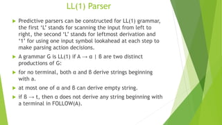 Parsing LL(1), SLR, LR(1) | PPTX | Programming Languages | Computing