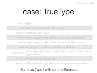 case: TrueType
Subtype Type1
Name Referenced from Font subdirectory
BaseFont PostScript font name
FirstChar First character code deﬁned in the font’s Widths array
LastChar Last character code deﬁned in the font’s Widths array
Widths An array of (LastChar − FirstChar + 1) widths
FontDescriptor
A font descriptor describing the font’s metrics other than its
glyph widths
Encoding Font’s character encoding
ToUnicode CMap ﬁle that maps character codes to Unicode values
PDF Reference: p412
Same as Type1 with some differences
 