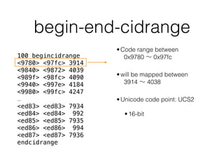 begin-end-cidrange
100 begincidrange
<9780> <97fc> 3914
<9840> <9872> 4039
<989f> <98fc> 4090
<9940> <997e> 4184
<9980> <99fc> 4247
…
<ed83> <ed83> 7934
<ed84> <ed84> 992
<ed85> <ed85> 7935
<ed86> <ed86> 994
<ed87> <ed87> 7936
endcidrange
•Code range between  
  0x9780 ∼ 0x97fc
•will be mapped between 
  3914 ∼ 4038
•Unicode code point: UCS2
•16-bit
 