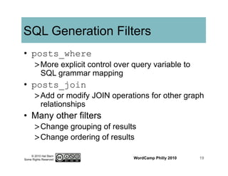 © 2010 Hal Stern
Some Rights Reserved
SQL Generation Filters
•  posts_where
> More explicit control over query variable to
SQL grammar mapping
•  posts_join
> Add or modify JOIN operations for other graph
relationships
•  Many other filters
> Change grouping of results
> Change ordering of results
WordCamp Philly 2010 19
 