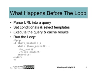 © 2010 Hal Stern
Some Rights Reserved
What Happens Before The Loop
•  Parse URL into a query
•  Set conditionals & select templates
•  Execute the query & cache results
•  Run the Loop:
<?php
if (have_posts()) :
while (have_posts()) :
the_post();
//loop content
endwhile;
endif;
?>
WordCamp Philly 2010 6
 