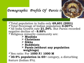 Demographic Profile Of Parsis in India
Total population in India only 69,601 (2001)
Total Pecentage of Indian population 0.007%
All India Growth rate 21.34%. But Parsis recorded
negative decline of - 8.88%
Religious minority community are:
 Muslims
 Christians
 Sikhs
 Buddhists
 Parsis (without any population
weightage)
Sex ratio: For 1050 F/ 1000 M
30.9% population in 65+ category, a disturbing
feature (Indian 8%).
 