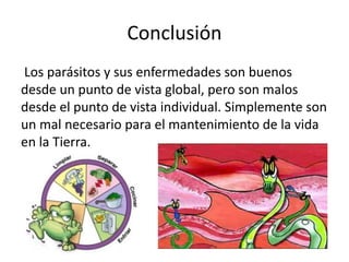 Conclusión
Los parásitos y sus enfermedades son buenos
desde un punto de vista global, pero son malos
desde el punto de vista individual. Simplemente son
un mal necesario para el mantenimiento de la vida
en la Tierra.
 
