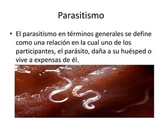 Parasitismo
• El parasitismo en términos generales se define
como una relación en la cual uno de los
participantes, el parásito, daña a su huésped o
vive a expensas de él.
 