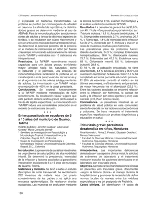 XX Congreso Latinoamericano de Parasitología                                            Biomédica 2011;31(sup.3):23-205


y expresada en bacterias transformadas. La                 la técnica de Ritchie Frick, examen microscópico y
proteína se purificó por cromatografía de afinidad         el análisis estadístico mediante SPSS®.
en columna. La afinidad de la proteína por distintos       Resultados. La prevalencia general fue de 96,8 %,
ácidos grasos se determinó mediante el uso de              con 40,1 % de niños parasitados por helmintos, así:
ADIFAB. Para la inmunolocalización, se obtuvieron          Trichuris trichiura, 19,8 %; Ascaris lumbricoides, 14
cortes de adultos y larvas de distintas especies de        %; Strongyloides stercoralis, 2,7%; uncinarias, 20,7
ténidos, y se incubaron con suero hiperinmune y            %, y Taenia spp. 1,4 %; la intensidad de la infección
con un anticuerpo marcado (biotina/estreptavidina).        fue de 2 %, moderada por T. trichiura y leve en el
Se determinó el potencial protector de la proteína         resto de muestras positivas para helmintos.
en el modelo de cisticercosis en ratón por Taenia          Las prevalencias para los protozoos fueron:
crassiceps, inmunizando subcutáneamente ratones            Giardia duodenalis, 24,3 %; complejo Entamoeba
con la TsFABP y retándolos con 10 cisticercos vía          histolytica/dispar, 26,6 %; Blastocystis hominis,
intraperitoneal.                                           75,7 %; Entamoeba coli, 47,3 %; Endolimax nana,
Resultados. La TsFABP recombinante mostró                  68 %; Chilomastix mesnili, 8,6 %; Iodamoeba
capacidad para unir ácidos grasos, exhibiendo              butschlii, 28,8 %.
mayor afinidad hacia los saturados, como                   El 18 % de la población encuestada no tiene
el estearato y el palmitato. Los ensayos de                alcantarillado, 4,1 % defeca al aire libre y 35,5 % no
inmunohistoquímica localizaron la proteína en el           cuenta con recolección de basuras. Sólo 17,6 %, ha
canal espiral o en la pared vesicular de las larvas y      completado en forma parcial la educación primaria.
en el tegumento o en las células subtegumentarias          El 59% de escolares consultó al médico en los
de adultos. La inmunización con TsFABP indujo              últimos seis meses, y el tratamiento antiparasitario
una reducción de ~60% en la carga parasitaria.             de mayor frecuencia fue el albendazol (22,5 %).
Conclusiones. Se expresó funcionalmente                    Entre los factores asociados se encontró relación
a la TsFABP mediante metodologías de ADN                   entre la infección por helmintos, la calidad del
recombinante. Su localización tisular sugiere que          suelo y la infección por estos agentes y el no usar
este parásito obtiene ácidos grasos del huésped a          calzado (p<0,05 en ambos casos).
través de tejidos específicos. La inmunización con         Conclusiones. La parasitosis intestinal es un
TsFABP induce una considerable protección en el            problema de salud pública en esta comunidad,
modelo de cisticercosis de ratón.                          siendo favorecida por los factores socioeconómicos
                             •••                           y culturales. Se hace necesario el tratamiento
                                                           específico respaldado por pruebas diagnósticas y
Enteroparasitosis en escolares de 5
                                                           educación en salud.
a 15 años del município de Guamo,
Tolima                                                                            •••
                                                           Tricuriasis grave: parasitosis
Ricardo Cubides1, Jennifer Guagua1, Julio César
Giraldo2, María Consuelo Bernal2                           desatendida en niños, Honduras
1
  Semillero de Investigación en Parasitología y            Rina Kaminsky1, Rhina Z. Pineda2, Elizabeth Ordóñez2,
  Microbiología Tropical, Universidad Incca de             Renato Valenzuela1
  Colombia, Bogotá, D.C., Colombia                         1
                                                             Facultad de Ciencias Médicas, Universidad Nacional
2
  Grupo de Investigación en Parasitología y                  Autónoma, Tegucigalpa, Honduras
  Microbiología Tropical, Universidad Incca de Colombia,   2
                                                             Facultad de Ciencias Médicas, Universidad Nacional
  Bogotá, D.C., Colombia                                     Autónoma, Tegucigalpa, Honduras
Introducción. La presencia de parásitos intestinales       Antecedentes. Las importantes deficiencias
es un problema de salud pública de alta morbilidad         detectadas en la sospecha clínica inicial, la solicitud
infantil. Se determinó la prevalencia, intensidad          de exámenes de laboratorio y el tratamiento
de la infección y factores asociados al parasitismo        motivaron estudiar los pacientes identificados en el
intestinal en escolares de 5 a 15 años de municipio        laboratorio con tricuriasis grave.
de Guamo, Tolima.                                          Objetivos. Corroborar las manifestaciones clínicas
Materiales y métodos. Se llevó a cabo un estudio           en pacientes con tricuriasis grave, documentar
descriptivo de corte transversal. Se recolectaron          –según la historia clínica– el manejo durante la
222 muestras de materia fecal con previo                   hospitalización y promover la necesidad de definir
consentimiento de los padres y se aplicó una               normas locales de manejo entre los médicos
encuesta epidemiológica. Se realizaron charlas             especialistas y los del postgrado de Pediatría.
educativas. Las muestras se analizaron mediante            Casos clínicos. Se identificaron 14 casos de


180
 