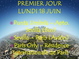 Punta  Umbría – Apto.
      Sevilla (Bus)
Sevilla – París (Avión)
París Orly – Résidence
 Internationale de París
 