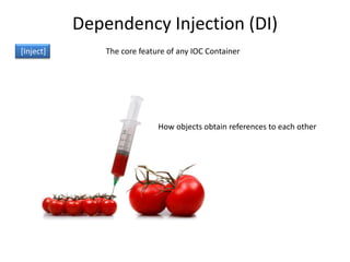 Dependency Injection (DI)
[Inject]       The core feature of any IOC Container




                             How objects obtain references to each other
 