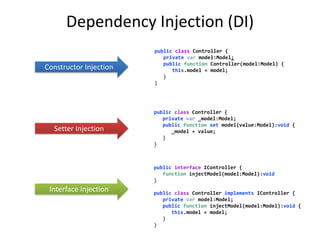 Dependency Injection (DI)
                        public class Controller {
                           private var model:Model;
                           public function Controller(model:Model) {
Constructor Injection         this.model = model;
                           }
                        }




                        public class Controller {
                           private var _model:Model;
                           public function set model(value:Model):void {
  Setter Injection            _model = value;
                           }
                        }



                        public interface IController {
                           function injectModel(model:Model):void
                        }
 Interface Injection    public class Controller implements IController {
                           private var model:Model;
                           public function injectModel(model:Model):void {
                              this.model = model;
                           }
                        }
 