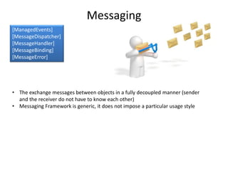 Messaging
[ManagedEvents]
[MessageDispatcher]
[MessageHandler]
[MessageBinding]
[MessageError]




• The exchange messages between objects in a fully decoupled manner (sender
  and the receiver do not have to know each other)
• Messaging Framework is generic, it does not impose a particular usage style
 