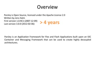 Overview
Parsley is Open Source, licensed under the Apache License 2.0
Written by Jens Halm
First version 1.0.RC1 (2007-12-09)
Last version 3.0.0 (2012-02-06)    > 4 years

Parsley is an Application Framework for Flex and Flash Applications built upon an IOC
Container and Messaging Framework that can be used to create highly decoupled
architectures.
 