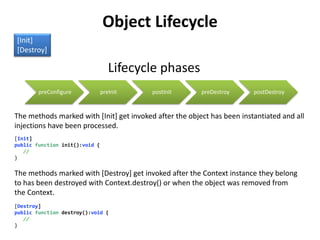 Object Lifecycle
[Init]
[Destroy]

                                   Lifecycle phases
        preConfigure            preInit   postInit       preDestroy      postDestroy


The methods marked with [Init] get invoked after the object has been instantiated and all
injections have been processed.
[Init]
public function init():void {
   //
}


The methods marked with [Destroy] get invoked after the Context instance they belong
to has been destroyed with Context.destroy() or when the object was removed from
the Context.
[Destroy]
public function destroy():void {
   //
}
 