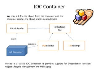 IOC Container
 We may ask for the object from the container and the
 container creates the object and its dependencies


                                              <interface>
    EBookReader
                                                  File


     inject

                     creates
                                  PDFFileImpl               TXTFileImpl

   IoC Container



Parsley is a classic IOC Container. It provides support for Dependency Injection,
Object Lifecycle Management and Messaging
 