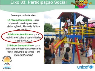 Fazem parte deste eixo: 1º Fórum Comunitário  –  para discussão do diagnóstico e elaboração do Plano de Ação –  até set 2010 Atividades temáticas –  para mobilizar escolas e comunidades –  até abril 2012 2º Fórum Comunitário  –  para avaliação do desenvolvimento do Plano, incluindo os temas –  em   maio/junho 2012 Eixo 03: Participação Social 
