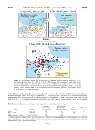 assigned locations in the C¸ inarcik basin or southern Sea of
Marmara on mapped normal faults (Figure 3) (Appendix A),
although they could have occurred on the North Anatolian
fault. These M $ 7.0 earthquakes are treated as independent
sources in the interevent model, with an observed mean
frequency of 170 years (Table 2). A Monte Carlo simulation
was conducted for these events in the same manner as for
the other Sea of Marmara faults except that earthquake
Figure 5. A test of the Bakun and Wentworth [1997] method modified with the Ambraseys [2002]
attenuation relation using the 1999, 1963, and 1912 Marmara Sea earthquakes (each with known
locations and magnitudes). For the 1912 event, 50 sets of 25 intensities (the mean number for the
historical shocks) were selected at random to calculate epicentral and magnitude errors. This yields
intensity centers within ±50 km (at 95% confidence) of the instrumental epicenters and gives the correct
M or Ms within ±0.3 magnitude units.
Table 2. Interevent Model for Sea of Marmara Fault Segments From the Catalog Shown in Figure 3a
Fault Events
Observed
Dtime in A.D.
1500–2000 Interval
Model Interevent
Time, Including
Open Intervals, years
Elapsed
Time, years
Magnitude
(M)
Ganos 1766, 1912 146 $207 92 $7.5
Prince’s Islands 1509, 1766 257 $270 238 $7.3
Izmit 1719, 1999 280 $288 5 $7.4
C¸ inarcik basin M $ 7 events 1556, 1754, 1894 169 $250 $7.0
a
Segment locations are shown in Figure 1. The use of ‘‘floating’’ M $ 7 events refers to potential normal-fault earthquakes that may have occurred on
different fault segments in or around the C¸ inarcik basin. These events may not repeat on the same faults and are treated as occurring randomly in time about
a mean interevent time of 250 years (Poisson model).
B05304 PARSONS: PROBABILITY OF EARTHQUAKES BENEATH MARMARA SEA
7 of 21
B05304
 