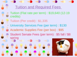 Tuition and Required Fees
•   Tuition (Flat rate per term) : $19,640 (12-19
    credits)
•   Tuition (Per credit) : $1,335
•   University Services Fee (per term) : $130
•   Academic Supplies Fee (per box) : $95
•   Student Senate Fees (per term) : $5 fall / $8
    spring
 