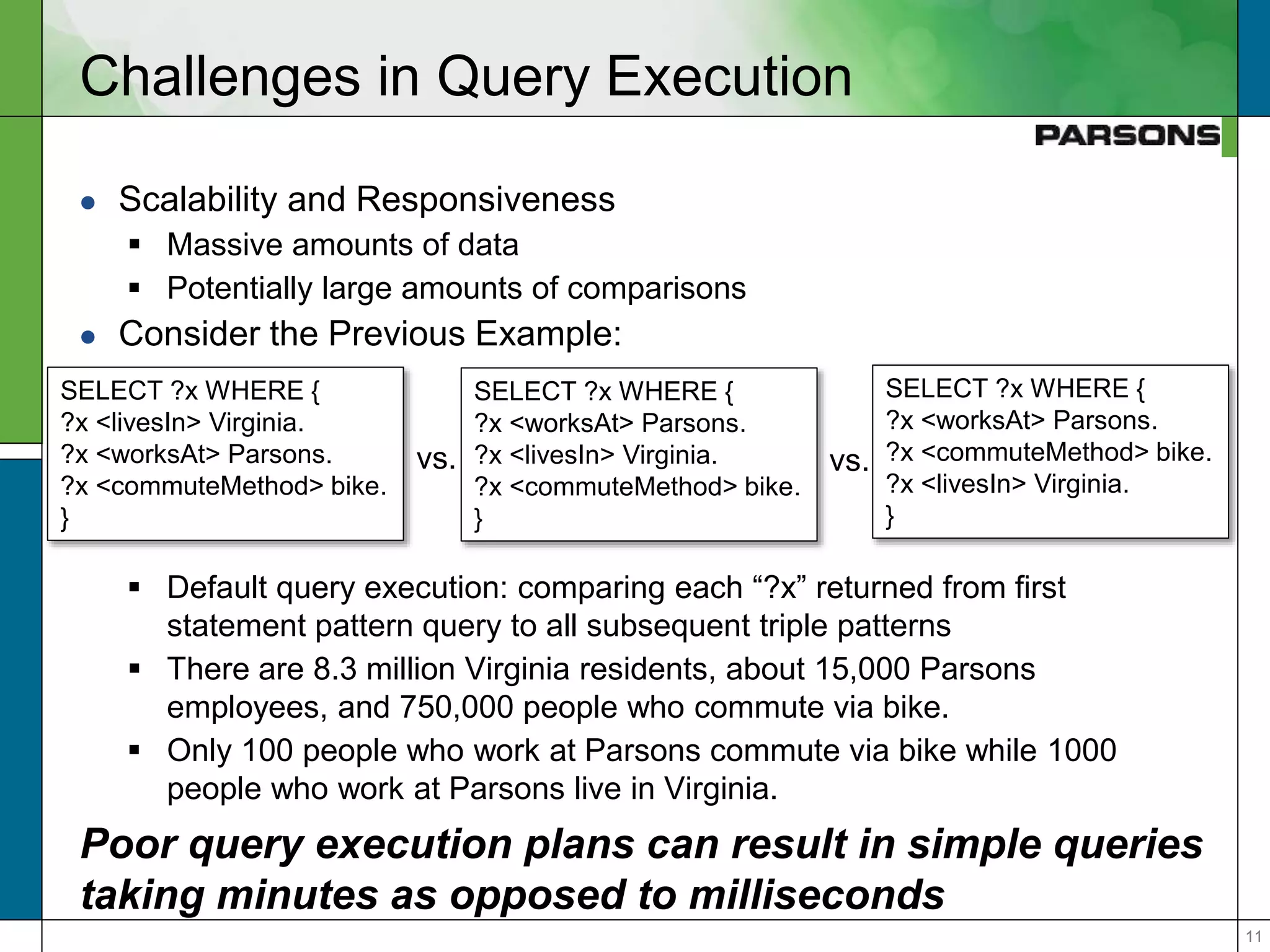 1111
Challenges in Query Execution
 Scalability and Responsiveness
 Massive amounts of data
 Potentially large amounts of comparisons
 Consider the Previous Example:
 Default query execution: comparing each “?x” returned from first
statement pattern query to all subsequent triple patterns
 There are 8.3 million Virginia residents, about 15,000 Parsons
employees, and 750,000 people who commute via bike.
 Only 100 people who work at Parsons commute via bike while 1000
people who work at Parsons live in Virginia.
Poor query execution plans can result in simple queries
taking minutes as opposed to milliseconds
SELECT ?x WHERE {
?x <livesIn> Virginia.
?x <worksAt> Parsons.
?x <commuteMethod> bike.
}
SELECT ?x WHERE {
?x <worksAt> Parsons.
?x <livesIn> Virginia.
?x <commuteMethod> bike.
}
SELECT ?x WHERE {
?x <worksAt> Parsons.
?x <commuteMethod> bike.
?x <livesIn> Virginia.
}
vs. vs.
 