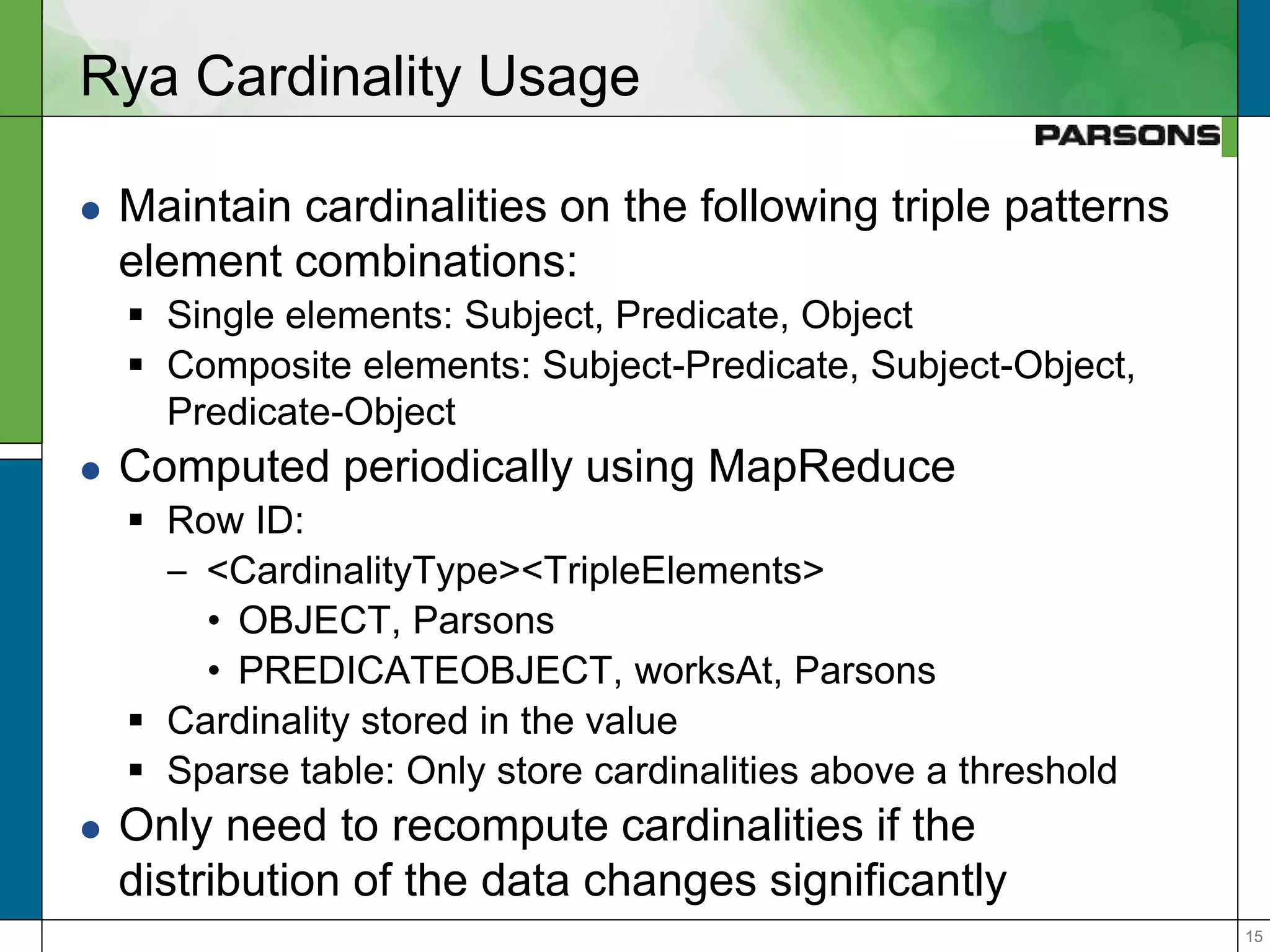 1515
Rya Cardinality Usage
 Maintain cardinalities on the following triple patterns
element combinations:
 Single elements: Subject, Predicate, Object
 Composite elements: Subject-Predicate, Subject-Object,
Predicate-Object
 Computed periodically using MapReduce
 Row ID:
– <CardinalityType><TripleElements>
• OBJECT, Parsons
• PREDICATEOBJECT, worksAt, Parsons
 Cardinality stored in the value
 Sparse table: Only store cardinalities above a threshold
 Only need to recompute cardinalities if the
distribution of the data changes significantly
 
