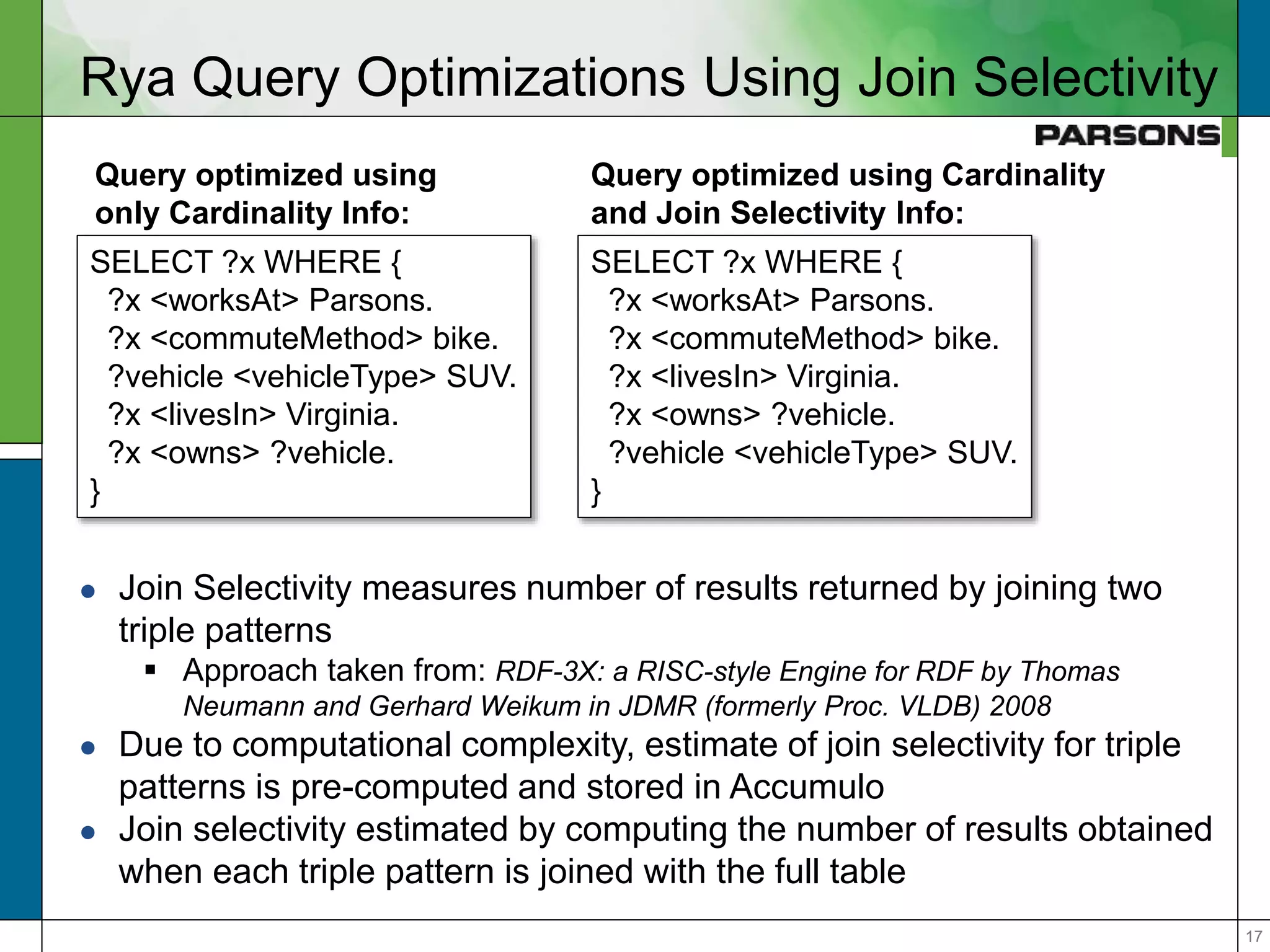 1717
Rya Query Optimizations Using Join Selectivity
Query optimized using
only Cardinality Info:
Query optimized using Cardinality
and Join Selectivity Info:
SELECT ?x WHERE {
?x <worksAt> Parsons.
?x <commuteMethod> bike.
?vehicle <vehicleType> SUV.
?x <livesIn> Virginia.
?x <owns> ?vehicle.
}
SELECT ?x WHERE {
?x <worksAt> Parsons.
?x <commuteMethod> bike.
?x <livesIn> Virginia.
?x <owns> ?vehicle.
?vehicle <vehicleType> SUV.
}
 Join Selectivity measures number of results returned by joining two
triple patterns
 Approach taken from: RDF-3X: a RISC-style Engine for RDF by Thomas
Neumann and Gerhard Weikum in JDMR (formerly Proc. VLDB) 2008
 Due to computational complexity, estimate of join selectivity for triple
patterns is pre-computed and stored in Accumulo
 Join selectivity estimated by computing the number of results obtained
when each triple pattern is joined with the full table
 