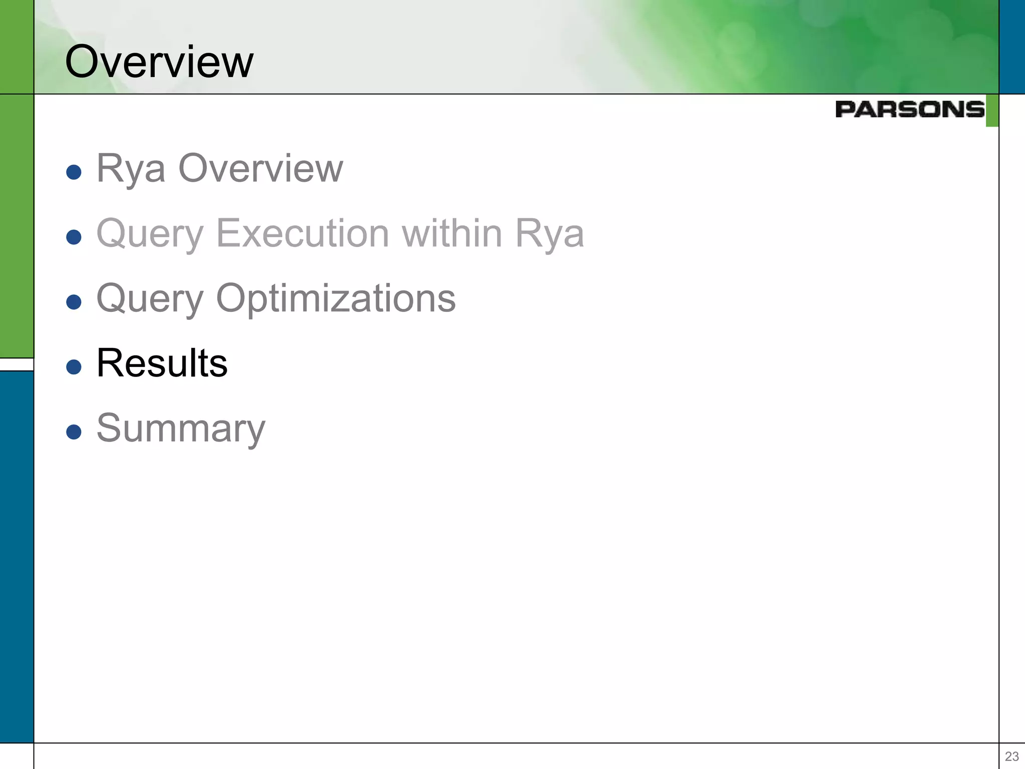 2323
Overview
 Rya Overview
 Query Execution within Rya
 Query Optimizations
 Results
 Summary
 