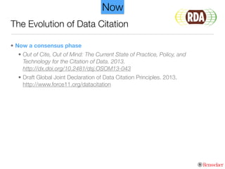 • Now a consensus phase
• Out of Cite, Out of Mind: The Current State of Practice, Policy, and
Technology for the Citation of Data. 2013. 
http://dx.doi.org/10.2481/dsj.OSOM13-043
• Draft Global Joint Declaration of Data Citation Principles. 2013. 
http://www.force11.org/datacitation
The Evolution of Data Citation
Now
 