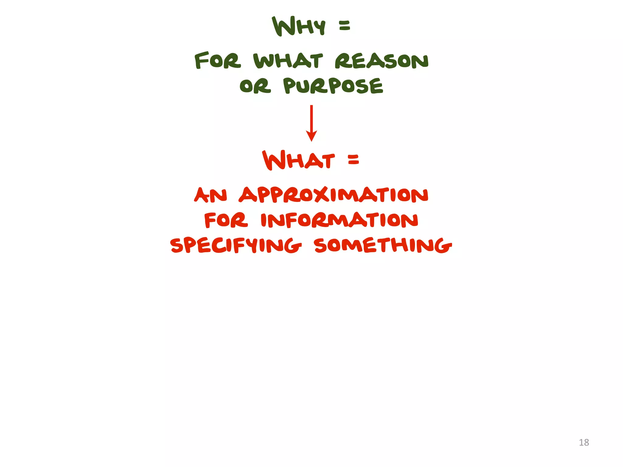 Why =
 For what reason
    or purpose


      What =
  An approximation
   for information
specifying something




                       18
 