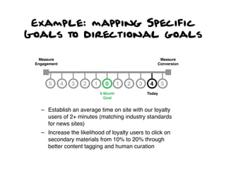 Example: mapping Specific
Goals to directional goals

  Measure                                                 Measure
 Engagement                                              Conversion




       5      4   3   2   1     0       1   2   3    4      5
                              6 Month               Today
                                Goal


   – Establish an average time on site with our loyalty
     users of 2+ minutes (matching industry standards
     for news sites)
   – Increase the likelihood of loyalty users to click on
     secondary materials from 10% to 20% through
     better content tagging and human curation
 