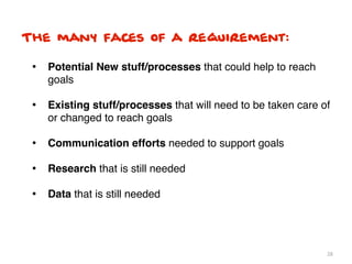 The many faces of a requirement:

 • Potential New stuff/processes that could help to reach
    goals

 • Existing stuff/processes that will need to be taken care of
    or changed to reach goals

 • Communication efforts needed to support goals
 • Research that is still needed
 • Data that is still needed



                                                             28
 