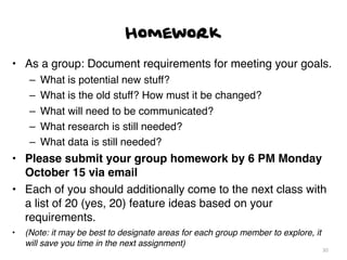 Homework

• As a group: Document requirements for meeting your goals.
     –   What is potential new stuff?
     –   What is the old stuff? How must it be changed?
     –   What will need to be communicated?
     –   What research is still needed?
     –   What data is still needed?
• Please submit your group homework by 6 PM Monday
  October 15 via email
• Each of you should additionally come to the next class with
  a list of 20 (yes, 20) feature ideas based on your
  requirements.
•   (Note: it may be best to designate areas for each group member to explore, it
    will save you time in the next assignment)
                                                                                    30
 