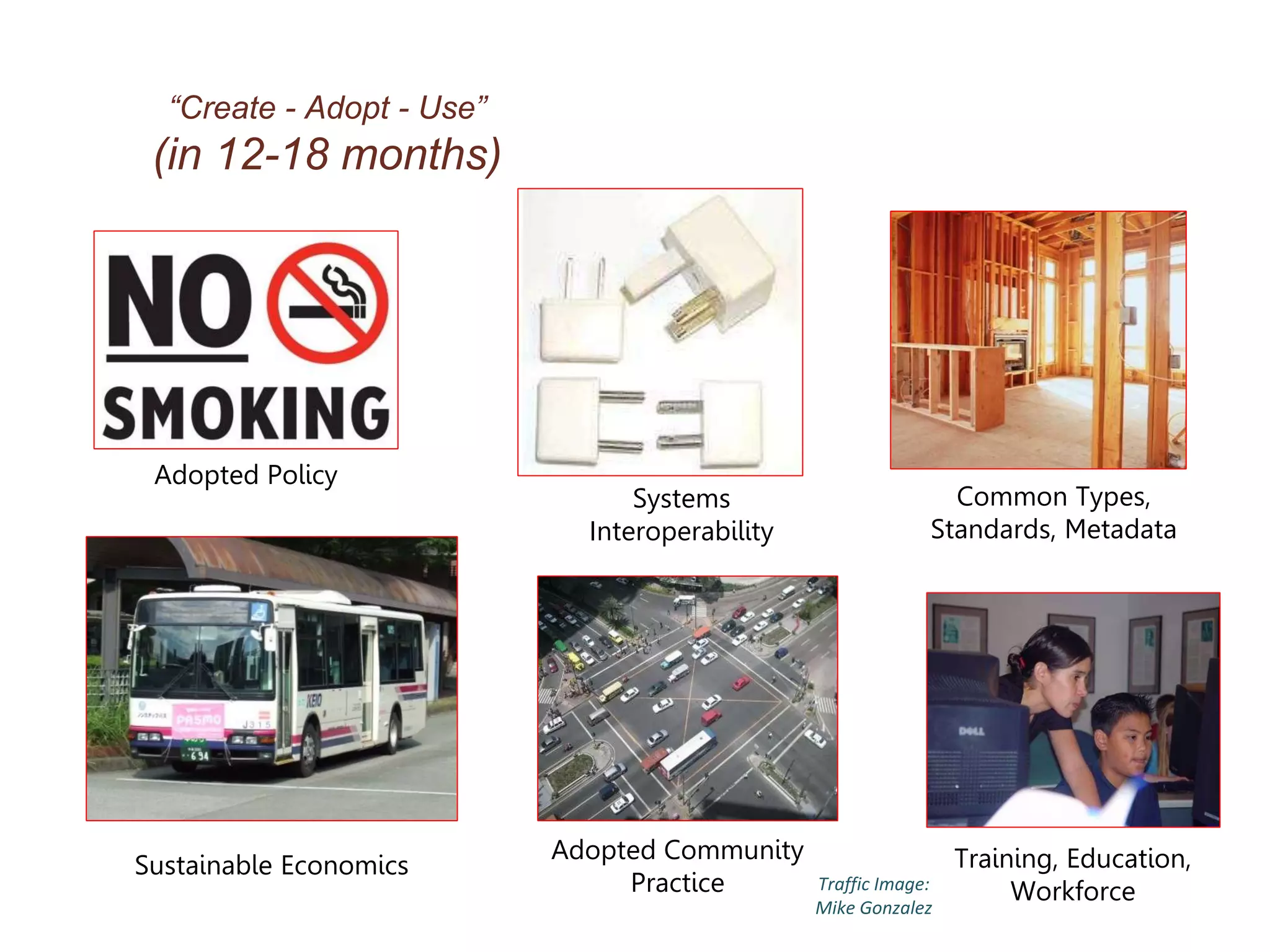 “Create - Adopt - Use”
(in 12-18 months)
Systems
Interoperability
Adopted Policy
Sustainable Economics
Common Types,
Standards, Metadata
Traffic Image:
Mike Gonzalez
Adopted Community
Practice
Training, Education,
Workforce
 