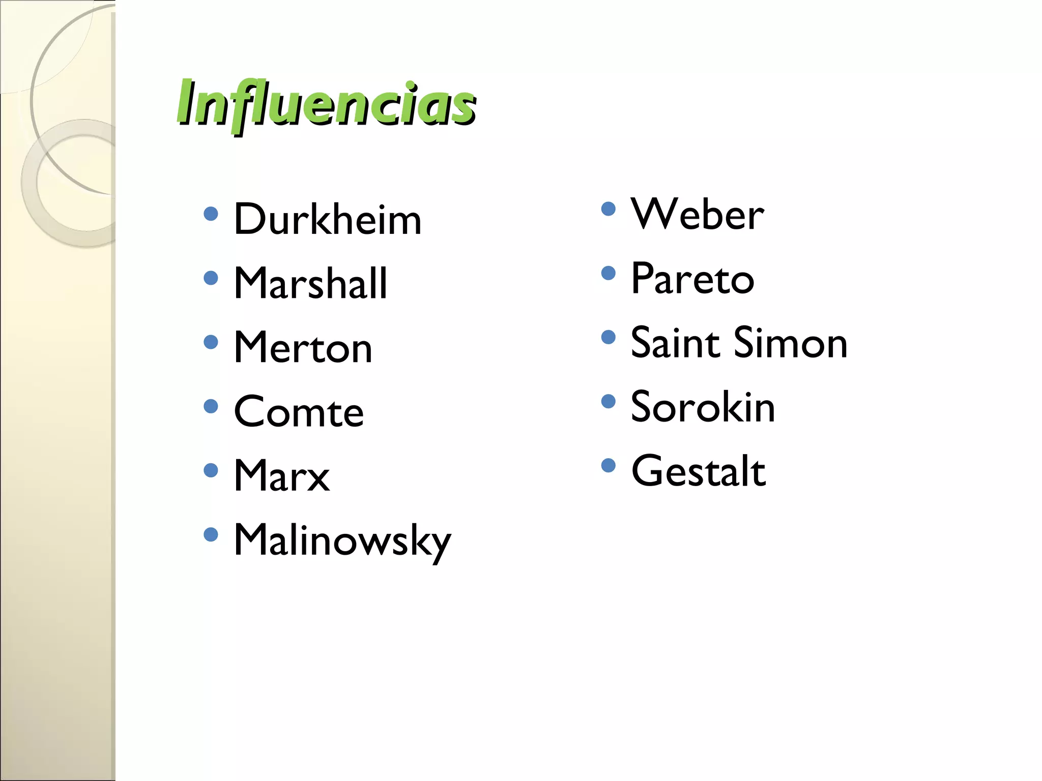 Influencias
 Durkheim      Weber
 Marshall      Pareto
 Merton        Saint Simon
 Comte         Sorokin
 Marx          Gestalt
 Malinowsky
 
