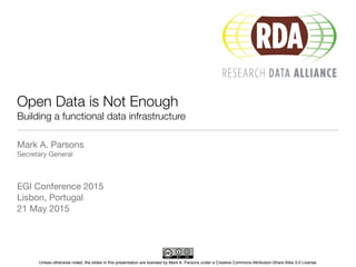 Unless otherwise noted, the slides in this presentation are licensed by Mark A. Parsons under a Creative Commons Attribution-Share Alike 3.0 License
Open Data is Not Enough
Building a functional data infrastructure
Mark A. Parsons

Secretary General 

EGI Conference 2015

Lisbon, Portugal

21 May 2015
 
