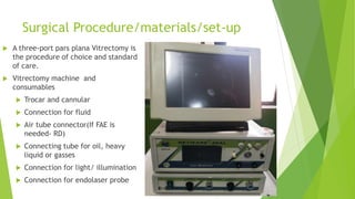 Surgical Procedure/materials/set-up
 A three-port pars plana Vitrectomy is
the procedure of choice and standard
of care.
...