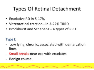 Types Of Retinal Detachment
• Exudative RD in 5-17%
• Vitreoretinal traction - in 3-22% TRRD
• Brockhurst and Schepens – 4 types of RRD
Type I:
- Low lying, chronic, associated with demarcation
lines
- Small breaks near ora with exudates
- Benign course
 