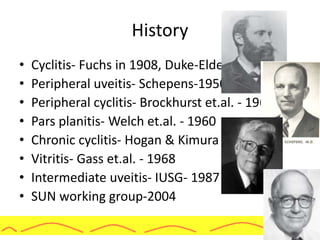 History
• Cyclitis- Fuchs in 1908, Duke-Elder 1941
• Peripheral uveitis- Schepens-1950
• Peripheral cyclitis- Brockhurst et.al. - 1960
• Pars planitis- Welch et.al. - 1960
• Chronic cyclitis- Hogan & Kimura in 1961
• Vitritis- Gass et.al. - 1968
• Intermediate uveitis- IUSG- 1987
• SUN working group-2004
 