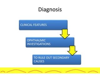 Diagnosis
CLINICAL FEATURES
OPHTHALMIC
INVESTIGATIIONS
TO RULE OUT SECONDARY
CAUSES
 