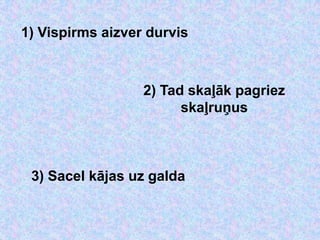 1) Vispirms aizver durvis



                  2) Tad skaļāk pagriez
                        skaļruņus



 3) Sacel kājas uz galda
 