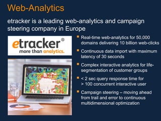 Web-Analytics
etracker is a leading web-analytics and campaign
steering company in Europe

 Real-time web-analytics for 50,000
domains delivering 10 billion web-clicks

 Continuous data import with maximum
latency of 30 seconds

 Complex interactive analytics for lifesegmentation of customer groups

 < 2 sec query response time for
> 100 concurrent interactive user

 Campaign steering – moving ahead
from trail and error to continuous
multidimensional optimization

 