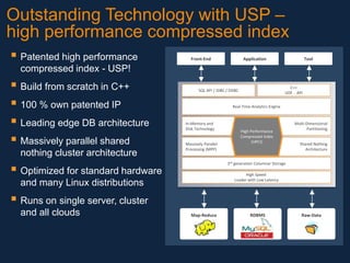 Outstanding Technology with USP –
high performance compressed index
 Patented high performance

Front-End

Application

Tool

compressed index - USP!

 Build from scratch in C++
 100 % own patented IP
 Leading edge DB architecture
 Massively parallel shared
nothing cluster architecture

C++
UDF - API

SQL API / JDBC / ODBC

Real-Time Analytics Engine

In-Memory and
Disk Technology

Massively Parallel
Processing (MPP)

 Optimized for standard hardware

High Performance
Compressed Index
(HPCI)

v

Multi-Dimensional
Partitioning

Shared Nothing
Architecture

3rd generation Columnar Storage
High Speed
Loader with Low Latency

and many Linux distributions

 Runs on single server, cluster
and all clouds

Map-Reduce

RDBMS

Raw-Data

 