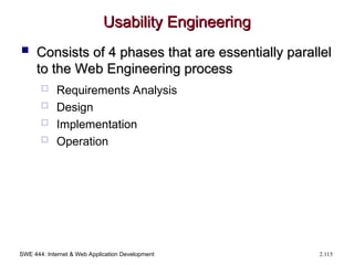 SWE 444: Internet & Web Application Development 2.115
Usability Engineering
Usability Engineering
 Consists of 4 phases that are essentially parallel
Consists of 4 phases that are essentially parallel
to the Web Engineering process
to the Web Engineering process
 Requirements Analysis
 Design
 Implementation
 Operation
 