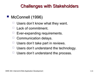 SWE 444: Internet & Web Application Development 2.44
Challenges with Stakeholders
Challenges with Stakeholders
 McConnell (1996)
McConnell (1996)
 Users don’t know what they want.
 Lack of commitment.
 Ever-expanding requirements.
 Communication delays.
 Users don’t take part in reviews.
 Users don’t understand the technology.
 Users don’t understand the process.
 