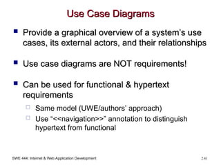 SWE 444: Internet & Web Application Development 2.61
Use Case Diagrams
Use Case Diagrams
 Provide a graphical overview of a system’s use
Provide a graphical overview of a system’s use
cases, its external actors, and their relationships
cases, its external actors, and their relationships
 Use case diagrams are NOT requirements!
Use case diagrams are NOT requirements!
 Can be used for functional & hypertext
Can be used for functional & hypertext
requirements
requirements
 Same model (UWE/authors’ approach)
 Use “<<navigation>>” annotation to distinguish
hypertext from functional
 