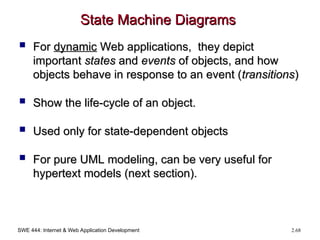 SWE 444: Internet & Web Application Development 2.68
State Machine Diagrams
State Machine Diagrams
 For
For dynamic
dynamic Web applications, they depict
Web applications, they depict
important
important states
states and
and events
events of objects, and how
of objects, and how
objects behave in response to an event (
objects behave in response to an event (transitions
transitions)
)
 Show the life-cycle of an object.
Show the life-cycle of an object.
 Used only for state-dependent objects
Used only for state-dependent objects
 For pure UML modeling, can be very useful for
For pure UML modeling, can be very useful for
hypertext models (next section).
hypertext models (next section).
 