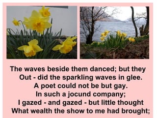 The waves beside them danced; but they Out - did the sparkling waves in glee. A poet could not be but gay. In such a jocund company; I gazed - and gazed - but little thought What wealth the show to me had brought; 