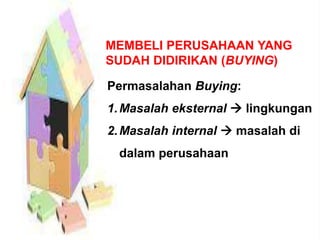 MEMBELI PERUSAHAAN YANG
SUDAH DIDIRIKAN (BUYING)
Permasalahan Buying:
1.Masalah eksternal  lingkungan
2.Masalah internal  masalah di
dalam perusahaan
 