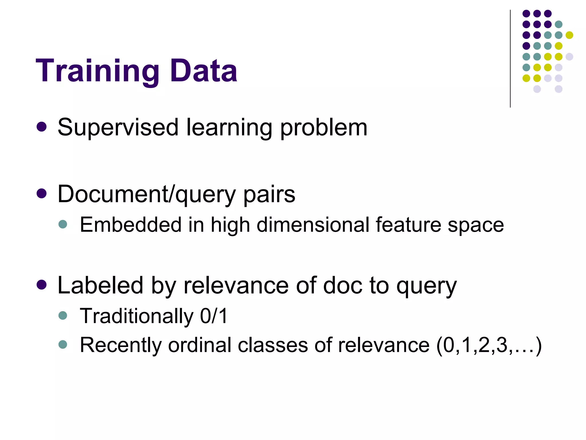 Training Data Supervised learning problem Document/query pairs Embedded in high dimensional feature space Labeled by relevance of doc to query Traditionally 0/1 Recently ordinal classes of relevance (0,1,2,3,…) 