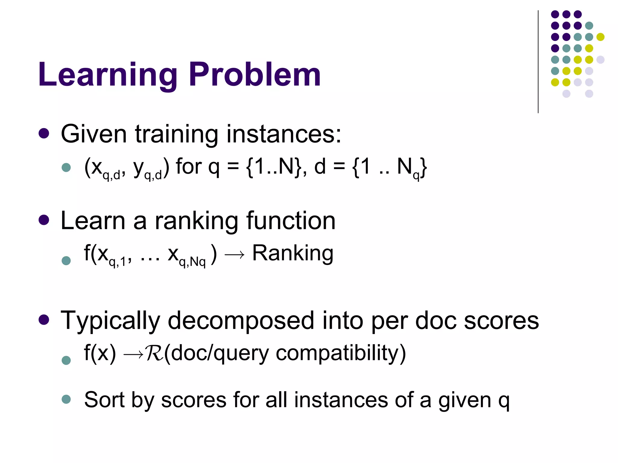 Learning Problem Given training instances: (x q,d , y q,d ) for q = {1..N}, d = {1 .. N q } Learn a ranking function f(x q,1 , … x q,Nq  )  !  Ranking Typically decomposed into per doc scores f(x)  ! R  (doc/query compatibility) Sort by scores for all instances of a given q 