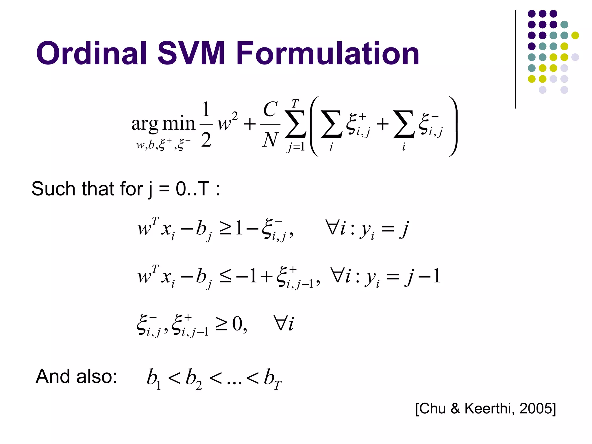 Ordinal SVM Formulation Such that for j = 0..T : [Chu & Keerthi, 2005] And also: 
