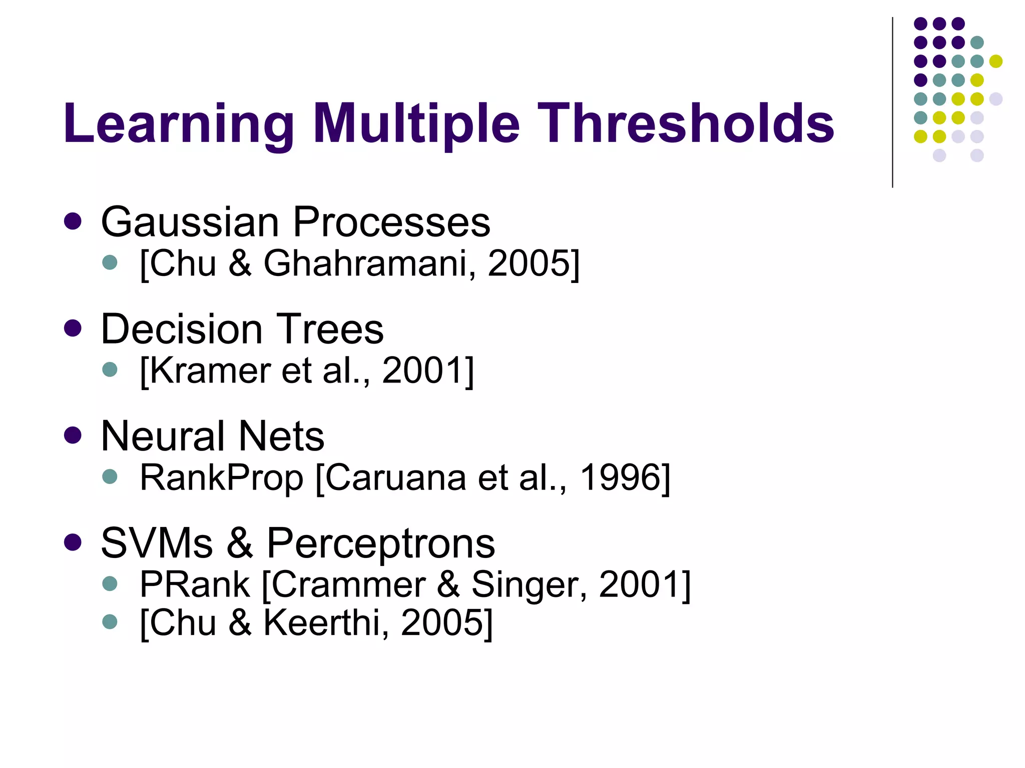 Learning Multiple Thresholds Gaussian Processes [Chu & Ghahramani, 2005] Decision Trees [Kramer et al., 2001] Neural Nets RankProp [Caruana et al., 1996] SVMs & Perceptrons PRank [Crammer & Singer, 2001] [Chu & Keerthi, 2005] 