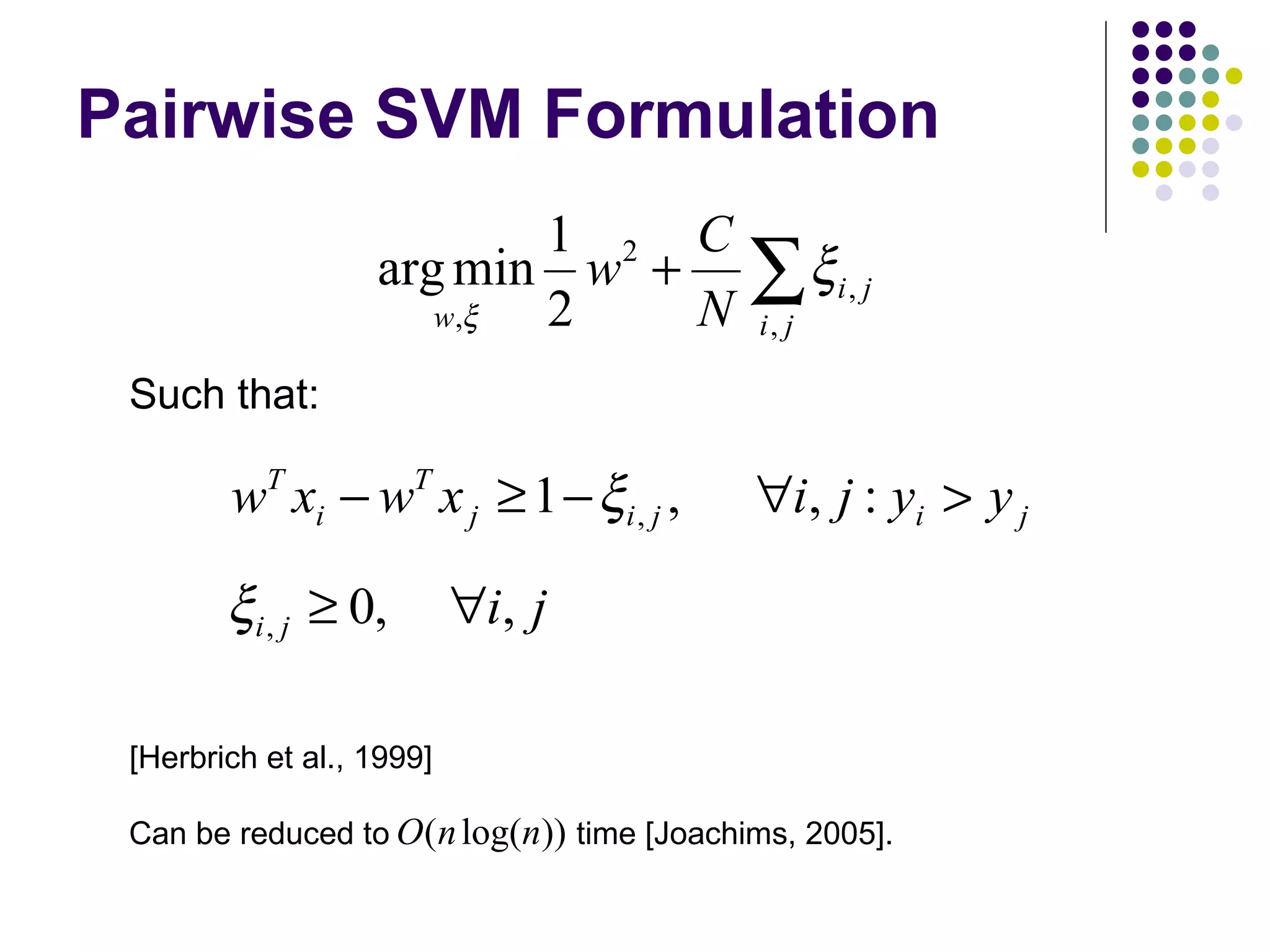 Pairwise SVM Formulation Such that: [Herbrich et al., 1999] Can be reduced to  time [Joachims, 2005]. 